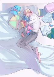 Rule 34 | amputee, bed, blonde hair, blue hair, child, closed eyes, folded clothes, galo thymos, highres, hood, hoodie, kray foresight, long sleeves, male focus, messy hair, pants, pillow, promare, pupupufire, shirt, short hair, sleeping, spiked hair, stuffed animal, stuffed toy, aged down