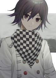 Rule 34 | 1boy, black eyes, checkered clothes, checkered neckwear, checkered scarf, closed mouth, commentary request, danganronpa (series), danganronpa v3: killing harmony, grey background, hair between eyes, highres, long sleeves, looking at viewer, male focus, oma kokichi, scarf, short hair, solo, straitjacket, una matida, upper body, white background