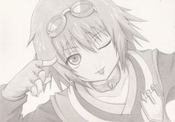Rule 34 | 00s, 1girl, :p, bad id, bad pixiv id, female focus, goggles, greyscale, kinta (distortion), monochrome, one eye closed, rita mordio, short hair, simple background, solo, tales of (series), tales of vesperia, tongue, tongue out, traditional media, wink