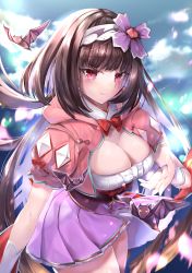 Rule 34 | 1girl, absurdres, bat (animal), blush, bow, bowtie, breasts, brown hair, cleavage, closed eyes, closed mouth, fate/grand order, fate (series), hair ornament, hairband, hane yuki, highres, hood, hood down, hoodie, large breasts, long hair, looking at viewer, open mouth, origami, osakabehime (fate), pink eyes, puffy short sleeves, puffy sleeves, purple skirt, red bow, red bowtie, short sleeves, skirt, solo, very long hair