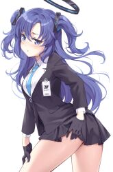 Rule 34 | 1girl, amerika juu pan, black gloves, black halo, black jacket, black skirt, blue archive, blue eyes, blue hair, blue necktie, closed mouth, gloves, halo, highres, jacket, long hair, long sleeves, looking at viewer, necktie, simple background, skirt, solo, thighs, two side up, white background, yuuka (blue archive)