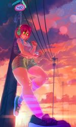 Rule 34 | 1girl, backpack, bad id, bad pixiv id, bag, bandaid, bandaid on knee, bandaid on leg, blush, breasts, cable, cloud, cloudy sky, digital media player, dusk, green eyes, headphones, highres, leaning back, midriff, mouth hold, navel, original, pink hair, piper (rtil), pylon, rtil, science fiction, shoes, short hair, shorts, sky, sneakers, socks, solo, star (sky), starry sky, striped clothes, striped socks, utility pole