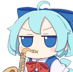 Rule 34 | 1girl, absurdres, blue dress, blue eyes, blue hair, blue ribbon, bow, cirno, dress, fairy, fumo (doll), highres, ice, ice wings, instrument, kame (kamepan44231), me.kaeso, music, playing instrument, red bow, ribbon, saxophone, solo, third-party edit, touhou, white background, wings