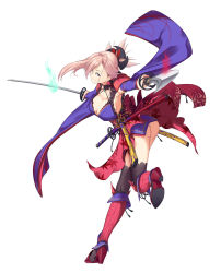 Rule 34 | 1girl, absurdres, ass, asymmetrical hair, autumn leaves, black thighhighs, blue eyes, blue kimono, breasts, cleavage, clothing cutout, detached sleeves, dual wielding, earrings, fate/grand order, fate (series), full body, hair ornament, highres, holding, holding sword, holding weapon, japanese clothes, jewelry, katana, kimono, large breasts, leaf print, magatama, maple leaf print, miyamoto musashi (fate), miyamoto musashi (third ascension) (fate), navel cutout, obi, pink hair, ponytail, sandals, saruno (eyesonly712), sash, sheath, sheathed, short kimono, simple background, sleeveless, sleeveless kimono, solo, sword, thighhighs, unsheathed, weapon, white background, wide sleeves