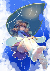 Rule 34 | 1girl, day, from below, hat, holding, leaf umbrella, legs, looking at viewer, moriya suwako, no shoes, parted lips, shade, sketch, sky, smile, solo, touhou, white legwear, yetworldview kaze