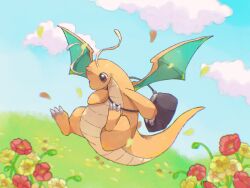 Rule 34 | animal focus, bag, blue sky, brown eyes, cloud, commentary request, creatures (company), dragon, dragonite, flower, game freak, gen 1 pokemon, grass, highres, holding, holding bag, horizon, nintendo, no humans, pokemon, pokemon (creature), sky, towa (clonea)