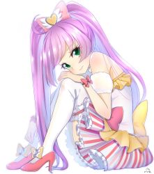 Rule 34 | 1girl, armband, blouse, bow, closed mouth, commentary, eighth note, eyelashes, fading, frilled shirt, frilled skirt, frilled thighhighs, frills, from side, frown, full body, green eyes, hair bow, hair ornament, heart, heart hair ornament, high heels, highres, large bow, leaning forward, long hair, looking at viewer, magical girl, manaka laala, miniskirt, musical note, pink bow, pink footwear, pretty series, pripara, purple hair, shirt, simple background, sitting, skirt, solo, striped clothes, striped skirt, swept bangs, thighhighs, toon (noin), twintails, vertical-striped clothes, vertical-striped skirt, white background, white shirt, white thighhighs