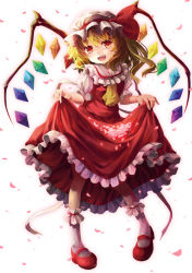 Rule 34 | 1girl, ascot, blonde hair, clothes lift, dress, dress lift, female focus, flandre scarlet, full body, hat, long hair, mary janes, mob cap, niichi (komorebi-palette), open mouth, petals, red dress, red eyes, shoes, side ponytail, skirt basket, solo, touhou, white background, white hat, wings