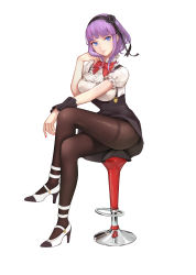 Rule 34 | 10s, 1girl, absurdres, bad id, bad pixiv id, black flower, black pantyhose, black rose, black skirt, blue eyes, bow, bowtie, breasts, closed mouth, crossed legs, dagashi kashi, earrings, eyebrows, flower, frilled sleeves, frills, full body, hair flower, hair ornament, hairband, head rest, head tilt, high-waist skirt, high heels, highres, jewelry, large breasts, legs, looking at viewer, nail polish, pantyhose, pink lips, purple hair, red bow, red bowtie, red nails, revision, ribbon, rose, shidare hotaru, shirt, shoes, short hair, sidelocks, simple background, sitting, skirt, smile, solo, stool, stud earrings, suspender skirt, suspenders, thighband pantyhose, thighs, white footwear, white shirt, wrist cuffs, zhano kun