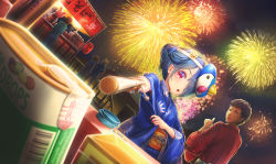 Rule 34 | 1boy, 1girl, aiuabo, blue hair, blush, brown hair, fireworks, hair over one eye, highres, japanese clothes, kimono, looking at another, looking away, mask, mask on head, original, parted lips, red eyes, short hair