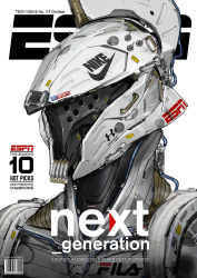Rule 34 | absurdres, barcode, commentary, cover, english commentary, english text, espn, fake magazine cover, fila, highres, humanoid robot, johnson ting, looking ahead, magazine cover, nike (company), no humans, original, robot, science fiction, solo, under armour, upper body, white background
