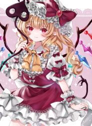 Rule 34 | 1girl, adapted costume, ascot, blonde hair, cowboy shot, crystal, fingernails, flandre scarlet, frilled skirt, frills, hat, jaku sono, laevatein (touhou), long hair, looking at viewer, mob cap, nail polish, one side up, red eyes, red nails, red skirt, red vest, skirt, solo, touhou, vest, white hat, wings, wrist cuffs, yellow ascot