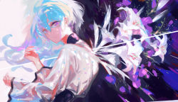 Rule 34 | 1girl, collar, commentary, dress, expressionless, flower, flower (vocaloid), flower (vocaloid4), from behind, highres, lily (flower), long hair, looking at viewer, looking back, purple collar, purple eyes, qq orikou, solo, upper body, vocaloid, white dress, white flower, white hair