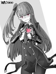 Rule 34 | 1girl, absurdres, blush, braid, character name, cowboy shot, embarrassed, french braid, girls&#039; frontline, greyscale, hair ribbon, heart, heart hands, highres, long hair, looking at viewer, minami shin (zenshuu bougyo), monochrome, necktie, one side up, pantyhose, red eyes, ribbon, simple background, solo, spot color, wa2000 (girls&#039; frontline), wavy mouth