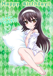 Rule 34 | 1girl, argyle, argyle background, argyle clothes, barefoot, black hair, blush, breasts, brown eyes, character name, closed mouth, commentary, dress shirt, full body, girls und panzer, green background, hairband, happy birthday, holding, holding pillow, kuromori yako, long hair, long sleeves, looking at viewer, no pants, off shoulder, on bed, open clothes, open shirt, panties, pillow, reizei mako, shirt, sitting, small breasts, smile, solo, underwear, white hairband, white panties