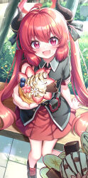 Rule 34 | 1girl, absurdres, ahoge, belt, belt pouch, bench, blue archive, fang, food, food on face, highres, horns, ice cream crepe, junko (blue archive), long hair, necktie, pointy ears, pouch, pov, purple eyes, red hair, red necktie, red skirt, sitting, skirt, twintails, tyutaka0427