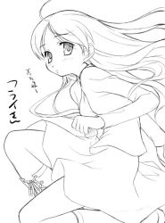 Rule 34 | 1girl, ahoge, aoi kumiko, blush, boots, copyright request, female focus, from side, greyscale, jacket, kneehighs, long hair, long sleeves, looking at viewer, looking to the side, monochrome, simple background, skirt, socks, solo, text focus, translation request, very long hair, white background