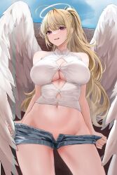 Rule 34 | 1girl, absurdres, ahoge, angel wings, bare arms, bare shoulders, blonde hair, blue shorts, breasts, button gap, buttons, cleavage, clothes pull, collared shirt, cowboy shot, crop top, denim, denim shorts, feathered wings, halo, highres, large breasts, lillly, long hair, looking at viewer, micro shorts, midriff, navel, open fly, open mouth, original, ponytail, pulling own clothes, purple eyes, revealing clothes, shirt, short shorts, shorts, shorts pull, sidelocks, sleeveless, sleeveless shirt, smile, solo, standing, stomach, thighs, undersized clothes, very long hair, white shirt, wings