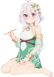 Rule 34 | 1girl, antenna hair, bare shoulders, barefoot, blush, bridal gauntlets, commentary request, detached sleeves, dress, flower, full body, green dress, green sleeves, grey hair, hair between eyes, hair flower, hair ornament, hinata masaki, holding, kokkoro (princess connect!), long sleeves, looking at viewer, mimikaki, parted lips, pointy ears, princess connect!, puffy long sleeves, puffy sleeves, purple eyes, see-through, see-through sleeves, simple background, sitting, sleeveless, sleeveless dress, solo, wariza, white background, white flower