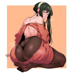 Rule 34 | 1girl, ass, ass focus, backless outfit, bare shoulders, black hair, blush, breasts, butt crack, dress, feet, from behind, hairband, huge ass, kukumomo, large breasts, long hair, long sleeves, looking at viewer, looking back, mature female, no bra, no shoes, off-shoulder sweater, off shoulder, paid reward available, panties, panties over pantyhose, pantyhose, red eyes, red sweater, sidelocks, skindentation, smile, soles, solo, spy x family, sweater, sweater dress, thick thighs, thighs, thong, toes, underwear, yor briar