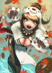 Rule 34 | 1girl, :d, animal hands, animal hood, asahina aoi, bear hood, black skirt, blue eyes, breasts, brown hair, cleavage, danganronpa: trigger happy havoc, danganronpa (series), dark-skinned female, dark skin, doughnut, floating hair, food, from above, gloves, hood, jewelry, leaf, long hair, looking at viewer, looking up, maple leaf, medium breasts, necklace, nyuukazai, open mouth, parted bangs, paw gloves, ponytail, red ribbon, ribbon, signature, skirt, smile, solo