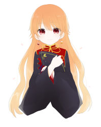 Rule 34 | 1girl, absurdres, black dress, black hat, black sleeves, chinese clothes, closed mouth, crescent, dress, earrings, eyes visible through hair, hair between eyes, hands up, hat, highres, jewelry, junko (touhou), long hair, long sleeves, looking at viewer, no headwear, orange hair, pom pom (clothes), red eyes, red vest, simple background, smile, solo, touhou, umi (nana spring), very long hair, vest, white background, wide sleeves, yellow neckwear