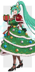 Rule 34 | 1girl, black footwear, black gloves, black pantyhose, breasts, christmas, christmas tree, christmas tree costume, cleavage, earrings, female focus, full body, gift, gloves, gonzarez, green eyes, green hair, high heels, highres, holding, holding gift, jewelry, large breasts, long hair, matching hair/eyes, nintendo, open mouth, pantyhose, pneuma (xenoblade), ponytail, smile, solo, standing, swept bangs, very long hair, xenoblade chronicles (series), xenoblade chronicles 2