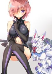 Rule 34 | 1girl, absurdres, bad id, bad pixiv id, black gloves, black leotard, black thighhighs, blush, creature, fate/grand order, fate (series), fou (fate), gloves, gradient background, grey background, hair over one eye, hand on own knee, highres, invisible chair, leotard, looking at viewer, mash kyrielight, navel, open mouth, pink hair, purple eyes, rota (078), short hair, simple background, sitting, thighhighs, white background
