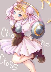 Rule 34 | 1girl, bad id, bad twitter id, blonde hair, blue eyes, breasts, bun cover, child, chrono cross, closed mouth, commentary request, copyright name, double bun, dress, gloves, looking at viewer, marcy (chrono cross), shield, short hair, simple background, skirt, small breasts, smile, solo, unigon (kitsutsuki)