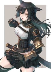 Rule 34 | 1girl, absurdres, animal ears, belt, black gloves, black hair, black skirt, blunt bangs, cam (cammero95713700), cat ears, cat tail, clenched hand, facepaint, final fantasy, final fantasy xiv, gloves, highres, long hair, long sleeves, looking to the side, midriff peek, miqo&#039;te, monk (final fantasy), signature, simple background, skirt, slit pupils, solo, tail, warrior of light (ff14), yellow eyes