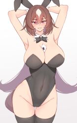 Rule 34 | 1girl, absurdres, alternate costume, animal ears, armpits, arms up, black leotard, black thighhighs, blush, breasts, brown hair, cleavage, commentary request, covered navel, cowboy shot, ear covers, grey background, grin, groin, hair between eyes, highleg, highleg leotard, highres, himuraanzu, horse ears, horse girl, horse tail, large breasts, leotard, looking at viewer, multicolored hair, nontraditional playboy bunny, red eyes, simple background, sirius symboli (umamusume), smile, solo, strapless, strapless leotard, streaked hair, tail, thighhighs, umamusume, white hair