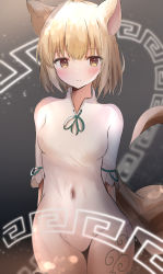 Rule 34 | 1girl, absurdres, animal ears, aohane, arms behind back, bad id, bad pixiv id, blonde hair, blush, breasts, covered navel, cowboy shot, fox ears, fox tail, grey background, highres, kudamaki tsukasa, looking at viewer, romper, short hair, simple background, small breasts, smile, solo, tail, touhou, yellow eyes