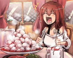 Rule 34 | 1girl, bernin, cannibalism, castration, cup, closed eyes, food, fork, guro, knife, long hair, lower teeth only, mug, nude, open mouth, original, restaurant, teeth, testicles, upper teeth only