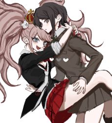 Rule 34 | 2girls, arms around another&#039;s neck, arms around neck, ass, bear hair ornament, black bra, black hair, black shirt, blonde hair, blue eyes, blush, bow, bowtie, bra, breasts, brown jacket, brown skirt, cleavage, collared jacket, collared shirt, cross, crown, danganronpa: trigger happy havoc, danganronpa (series), ears, enoshima junko, fake nails, fingernails, freckles, green bow, green ribbon, greyscale, hair ornament, heart, highres, hug, ikusaba mukuro, incest, jacket, long hair, long sleeve shirt, long sleeved jacket, long sleeves, looking at viewer, monochrome, multiple girls, nail polish, neck ribbon, necktie, nose, open mouth, pleated skirt, red nails, red skirt, ribbon, shirt, siblings, simple background, sisters, skirt, sleeves rolled up, teeth, tongue, twincest, twins, twintails, underwear, upper teeth only, white background, white shirt, yuri