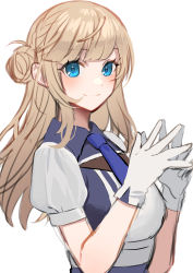 Rule 34 | 1girl, akagi kurage, bad id, bad twitter id, blue eyes, blue necktie, braid, character request, commentary request, crown braid, hair bun, highres, kantai collection, looking at viewer, necktie, puffy sleeves, short sleeves, simple background, solo, steepled fingers, upper body, white background