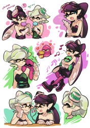 Rule 34 | + +, 2girls, ?, beamed quavers, black hair, brown eyes, callie (splatoon), candy, carrying, closed eyes, detached collar, earbuds, earphones, earrings, english text, fangs, food, food on head, french fries, gloves, gomipomi, grey hair, hand on own face, headphones, heart, holding, inkling, inkling player character, jewelry, licking, lollipop, long hair, looking at another, marie (splatoon), mask, mole, mole under eye, multiple girls, musical note, nintendo, object on head, open mouth, pantyhose, pointy ears, purple legwear, quaver, short hair, short jumpsuit, sleeping, smile, splatoon (series), splatoon 1, spoken question mark, squid, standing, strapless, sweatdrop, tearing up, tentacle hair, text focus, white gloves, yawning