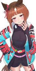 Rule 34 | 1girl, absurdres, animal ears, belt, black gloves, blue jacket, breasts, brown hair, ear ornament, earphones, elbow gloves, fingerless gloves, glasses, gloves, hand on own hip, highres, horse ears, horse girl, horse tail, jacket, large breasts, long sleeves, looking at viewer, multicolored hair, pink belt, red eyes, shirt, short hair, simple background, smile, solo, tail, take978733141, tongue, tongue out, transcend (umamusume), umamusume, white background, white hair