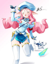 Rule 34 | 10s, belt, blush, boots, cardfight!! vanguard, elf, fall, gloves, hat, knight squire allen, miniskirt, pink hair, pointy ears, puffy sleeves, royal paladin, skirt, soul guiding elf, sweatdrop, sword, thigh boots, thighhighs, uniform, weapon
