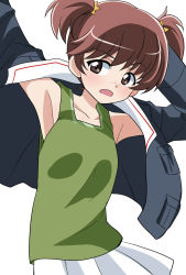 Rule 34 | 1girl, alisa (girls und panzer), alternate costume, arm behind head, armpits, arms up, blue jacket, brown eyes, brown hair, commentary, freckles, frown, girls und panzer, green shirt, hair ornament, highres, jacket, long sleeves, looking at viewer, military, military uniform, miniskirt, ooarai military uniform, open clothes, open jacket, open mouth, pleated skirt, shirt, short hair, short twintails, simple background, skirt, solo, standing, star (symbol), star hair ornament, tank top, twintails, uniform, upper body, wakku kan, white background, white skirt