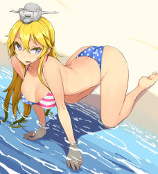 Rule 34 | 10s, 1girl, all fours, american flag bikini, ass, bare legs, barefoot, beach, bikini, blonde hair, blue eyes, breasts, butt crack, cleavage, day, flag print, hair between eyes, hat, iowa (kancolle), kantai collection, long hair, medium breasts, nac000, open mouth, outdoors, partially submerged, solo, swimsuit