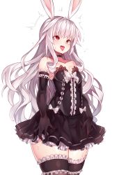 Rule 34 | 1girl, ahegao, animal ears, artist request, bare shoulders, black dress, black gloves, black thighhighs, bow, center frills, choker, cowboy shot, curly hair, dress, dress bow, elbow gloves, elin, frilled thighhighs, frills, gloves, hands on own thighs, long hair, open mouth, rabbit ears, red eyes, short dress, silver hair, simple background, solo, strapless, strapless dress, tera online, thighhighs, thighs, tongue, tongue out, upper body, white background, wide hips, zettai ryouiki