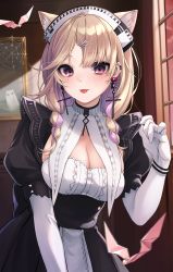 Rule 34 | 1girl, animal ears, arknights, black dress, blonde hair, braid, breasts, cat ears, cat girl, cleavage, dress, earclip, earrings, elbow gloves, extra ears, gloves, highres, indoors, jewelry, kazemaru (arknights), kazemaru (like illusion) (arknights), long hair, maid, maid headdress, medium breasts, multicolored hair, nameko houshi, official alternate costume, picture frame, pink eyes, pink hair, solo, streaked hair, tongue, tongue out, twin braids, upper body, white gloves, window