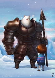 Rule 34 | :3, androgynous, armor, brown footwear, brown hair, character name, dog, frisk (undertale), gd choco, gender request, greater dog, height difference, polearm, shirt, shoes, short hair, shorts, signature, snow, snowing, socks, spear, striped clothes, striped sweater, sweater, tongue, tongue out, undertale, weapon