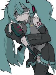 Rule 34 | 1girl, @ @, aqua hair, aqua necktie, bare shoulders, black skirt, black sleeves, black thighhighs, closed mouth, collared shirt, commentary, cowboy shot, cuts, detached sleeves, dot mouth, drugs neko, grey eyes, grey shirt, hair between eyes, hatsune miku, headphones, headset, highres, holding, holding microphone, injury, long hair, long sleeves, looking ahead, microphone, necktie, no nose, number tattoo, pleated skirt, self-harm, shirt, skirt, sleeveless, sleeveless shirt, sleeves past wrists, solo, tattoo, thighhighs, twintails, very long hair, vocaloid, walking, white background, zettai ryouiki
