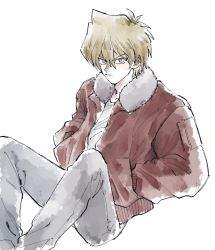 Rule 34 | 1boy, blonde hair, brown jacket, closed mouth, commentary request, fur-trimmed jacket, fur trim, grey pants, hair between eyes, hands in pockets, highres, jacket, jonouchi katsuya, long sleeves, looking at viewer, male focus, morijio (pnpn no mm), open clothes, open jacket, pants, short hair, sitting, solo, yellow eyes, yu-gi-oh!