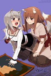 2girls absurdres animal_ears arm_around_shoulder artist_name braid fang fang_out gradient_tail grey_hair highres holo jewelry koume_keito looking_at_another mother_and_daughter multiple_girls myuri_(spice_and_wolf) necklace open_mouth orange_hair purple_background red_eyes smile spice_and_wolf tail wolf_and_parchment wolf_ears wolf_girl wolf_tail