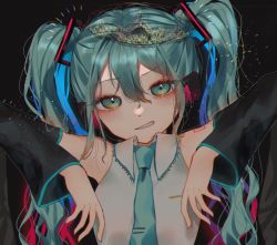Rule 34 | 1girl, arms up, black background, black sleeves, collared shirt, commentary request, detached sleeves, green eyes, green hair, green necktie, grey shirt, hair between eyes, hair ornament, hatsune miku, headset, highres, long hair, looking at viewer, miku day, necktie, parted lips, shirt, simple background, sleeveless, sleeveless shirt, smirk, solo, tiara, tie clip, twintails, upper body, vocaloid, vptku
