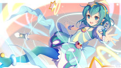Rule 34 | 1girl, :d, blue eyes, blue hair, blue skirt, blue thighhighs, bubble skirt, commentary request, cure milky, full body, hagoromo lala, hair ornament, highres, looking at viewer, magical girl, open mouth, partial commentary, pen, pointy ears, precure, short hair, single thighhigh, skirt, smile, solo, star (symbol), star hair ornament, star twinkle precure, teeth, thighhighs, yoshino ryou