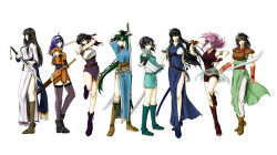 Rule 34 | ahoge, armlet, armor, ayra (fire emblem), bare shoulders, black hair, blue hair, boots, breasts, delsaber, detached sleeves, dress, earrings, elbow gloves, fingerless gloves, fir (fire emblem), fire emblem, fire emblem: genealogy of the holy war, fire emblem: path of radiance, fire emblem: the binding blade, fire emblem: the blazing blade, fire emblem: the sacred stones, fire emblem heroes, full body, gloves, green eyes, green hair, hairband, headband, high ponytail, highres, jewelry, karla, larcei (fire emblem), long hair, looking at viewer, lyn (fire emblem), mareeta (fire emblem), marisa (fire emblem), medium breasts, mia (fire emblem), mother and daughter, multiple girls, nintendo, pelvic curtain, pink hair, ponytail, purple eyes, purple hair, side slit, smile, sword, thighhighs, weapon