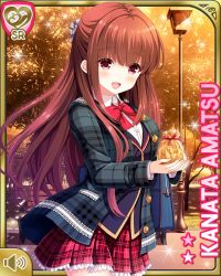 Rule 34 | 1girl, :d, amatsu kanata, black coat, blazer, blue jacket, bow, bowtie, brown hair, card, character name, coat, day, girlfriend (kari), holding, jacket, long hair, official art, open mouth, outdoors, plaid, plaid coat, plaid skirt, qp:flapper, red bow, red eyes, red skirt, school uniform, shirt, skirt, smile, solo, standing, tagme, white day, white shirt